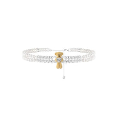 13DE MARZO Bear Pearl Bow Zircon Heart Necklace