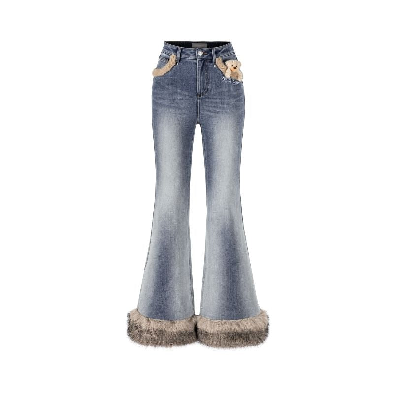 13DE MARZO Bear Vintage Fur Bell Bottom Jeans Blue - 13DE MARZO