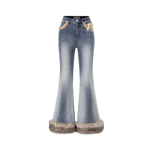 13DE MARZO Bear Vintage Fur Bell Bottom Jeans Blue - 13DE MARZO