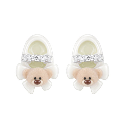13DE MARZO Shoe Bow Bear Stud Earrings White
