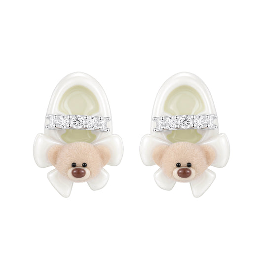 13DE MARZO Shoe Bow Bear Stud Earrings White