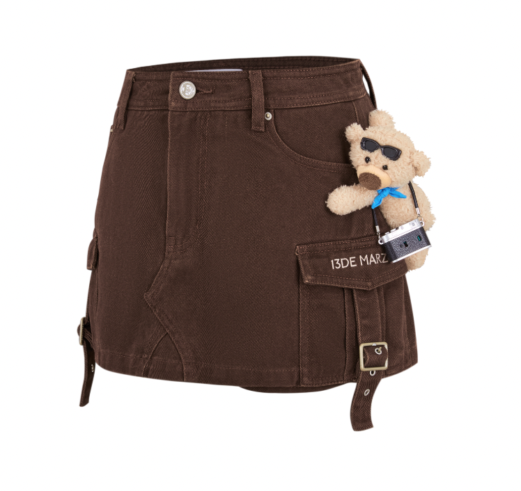 13DE MARZO Camera Bear Cargo Skirt Brown - 13DE MARZO