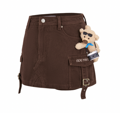13DE MARZO Camera Bear Cargo Skirt Brown - 13DE MARZO