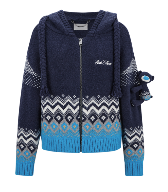 13DE MARZO Fair Isle Bear Cardigan Navy Blue - 13DE MARZO