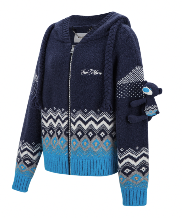 13DE MARZO Fair Isle Bear Cardigan Navy Blue - 13DE MARZO