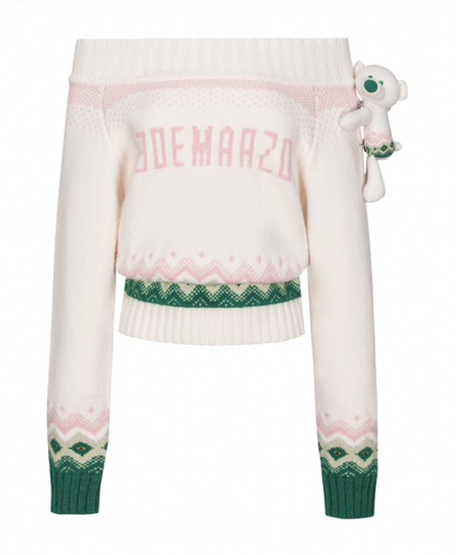 13DE MARZO Fair Isle Bear Off Shoulder Sweater Beige - 13DE MARZO