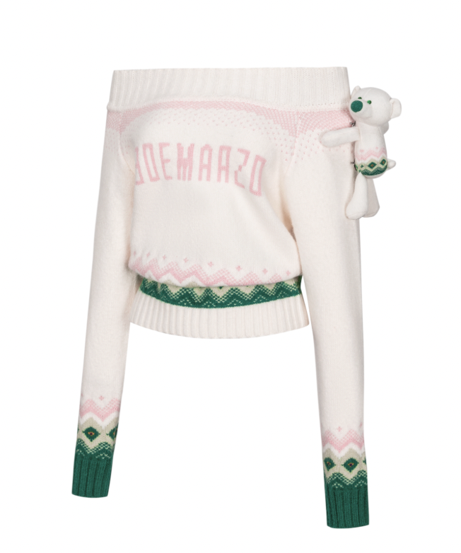 13DE MARZO Fair Isle Bear Off Shoulder Sweater Beige - 13DE MARZO