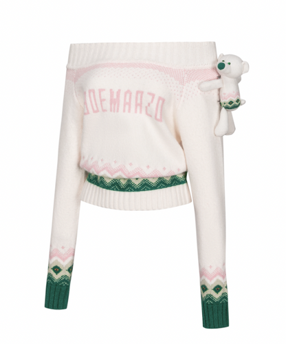 13DE MARZO Fair Isle Bear Off Shoulder Sweater Beige - 13DE MARZO
