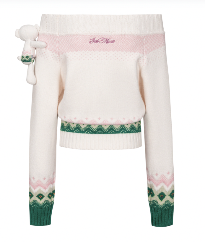 13DE MARZO Fair Isle Bear Off Shoulder Sweater Beige - 13DE MARZO