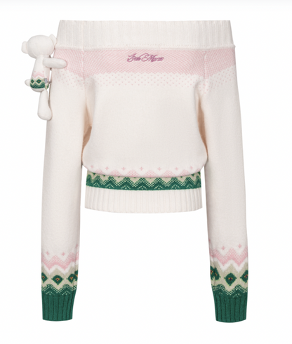13DE MARZO Fair Isle Bear Off Shoulder Sweater Beige - 13DE MARZO