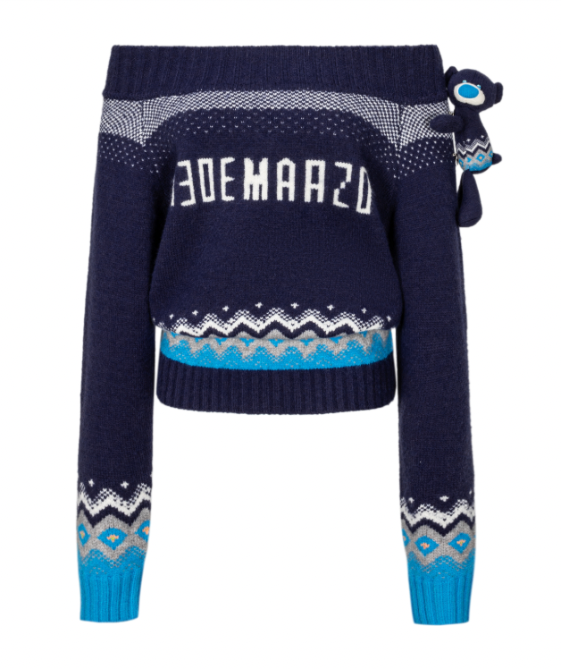 13DE MARZO Fair Isle Bear Off Shoulder Sweater Navy Blue - 13DE MARZO