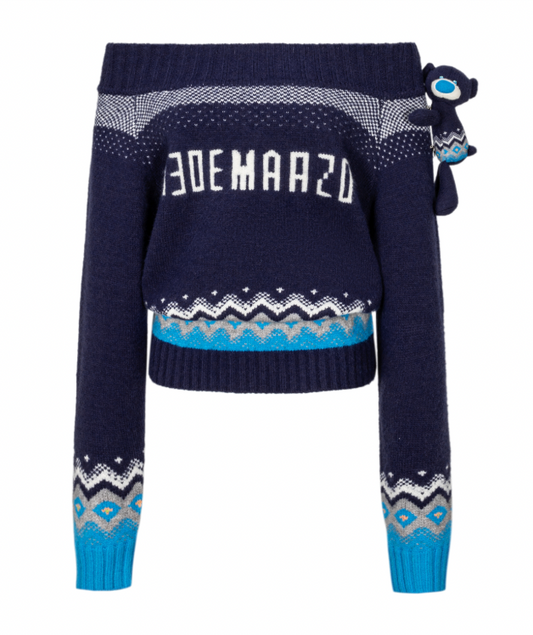 13DE MARZO Fair Isle Bear Off Shoulder Sweater Navy Blue - 13DE MARZO