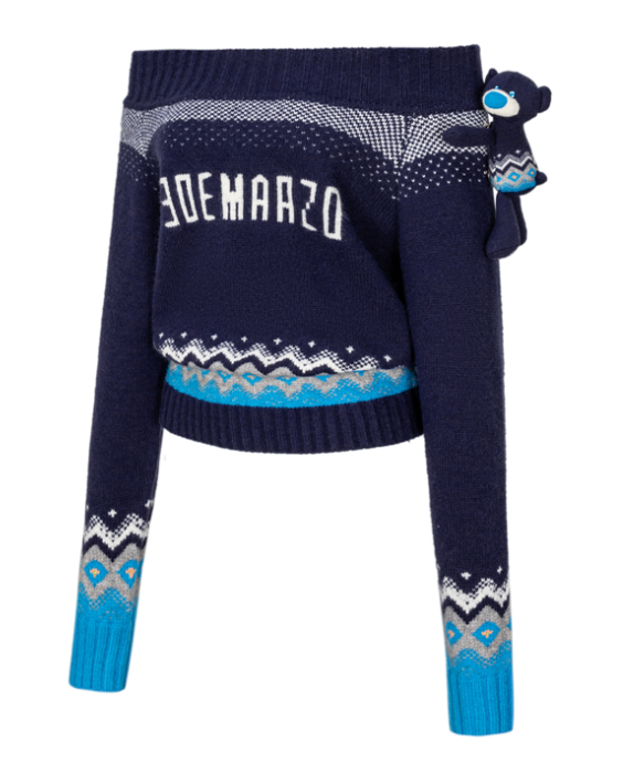 13DE MARZO Fair Isle Bear Off Shoulder Sweater Navy Blue - 13DE MARZO