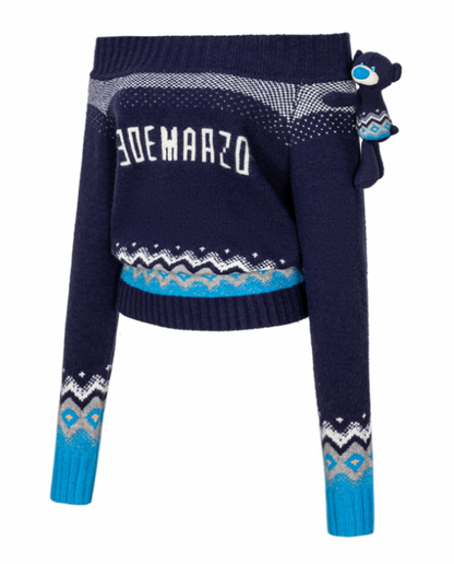 13DE MARZO Fair Isle Bear Off Shoulder Sweater Navy Blue - 13DE MARZO