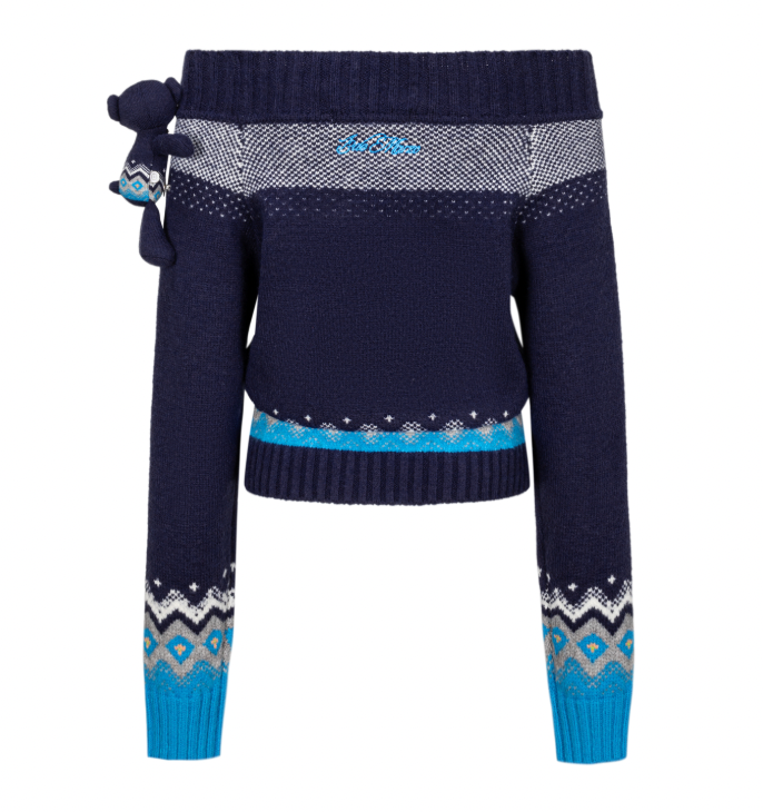 13DE MARZO Fair Isle Bear Off Shoulder Sweater Navy Blue - 13DE MARZO