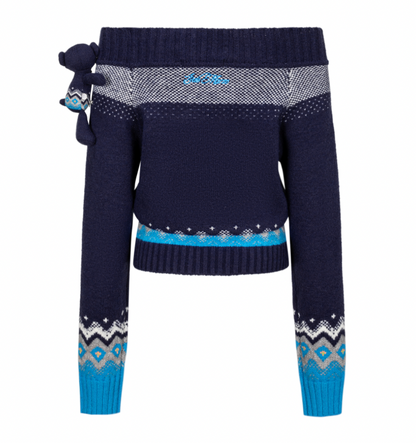 13DE MARZO Fair Isle Bear Off Shoulder Sweater Navy Blue - 13DE MARZO