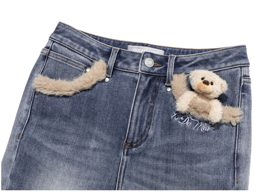 13DE MARZO Bear Vintage Fur Bell Bottom Jeans Blue - 13DE MARZO
