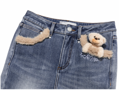 13DE MARZO Bear Vintage Fur Bell Bottom Jeans Blue - 13DE MARZO