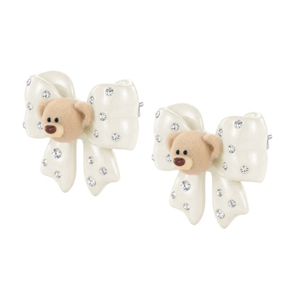 13DE MARZO Mini Bear Bow Studs White
