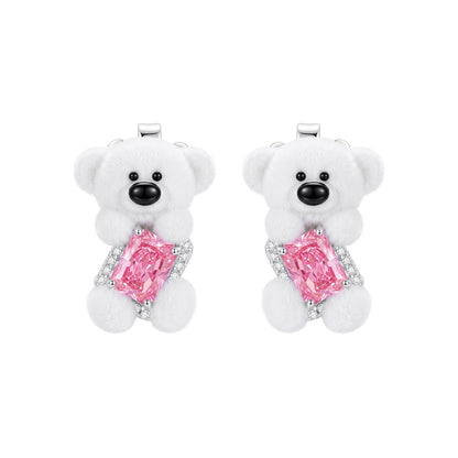 13DE Sugar Cube Zircon Bear Studs White