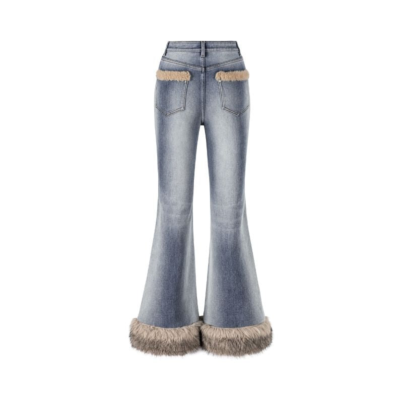 13DE MARZO Bear Vintage Fur Bell Bottom Jeans Blue - 13DE MARZO