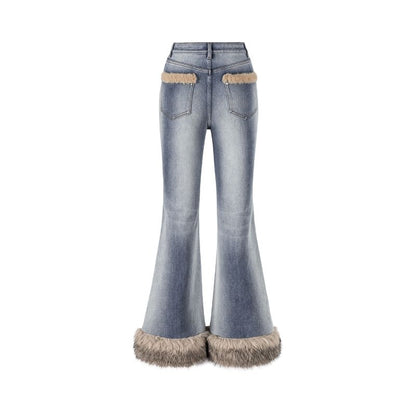13DE MARZO Bear Vintage Fur Bell Bottom Jeans Blue - 13DE MARZO