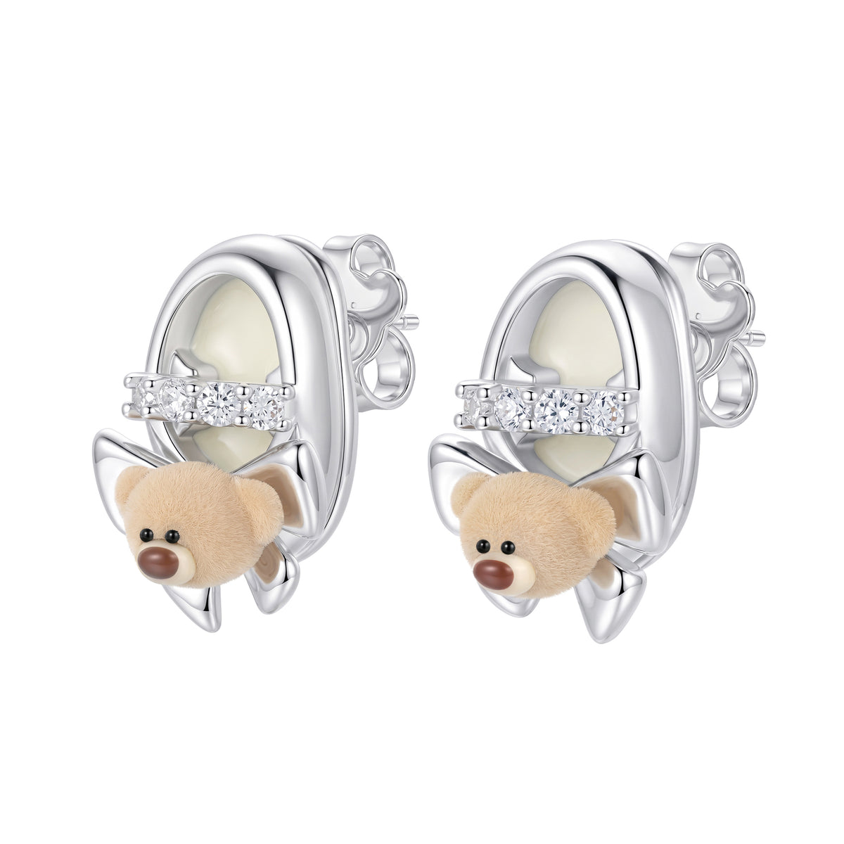 13DE MARZO Shoe Bow Bear Stud Earrings Silver