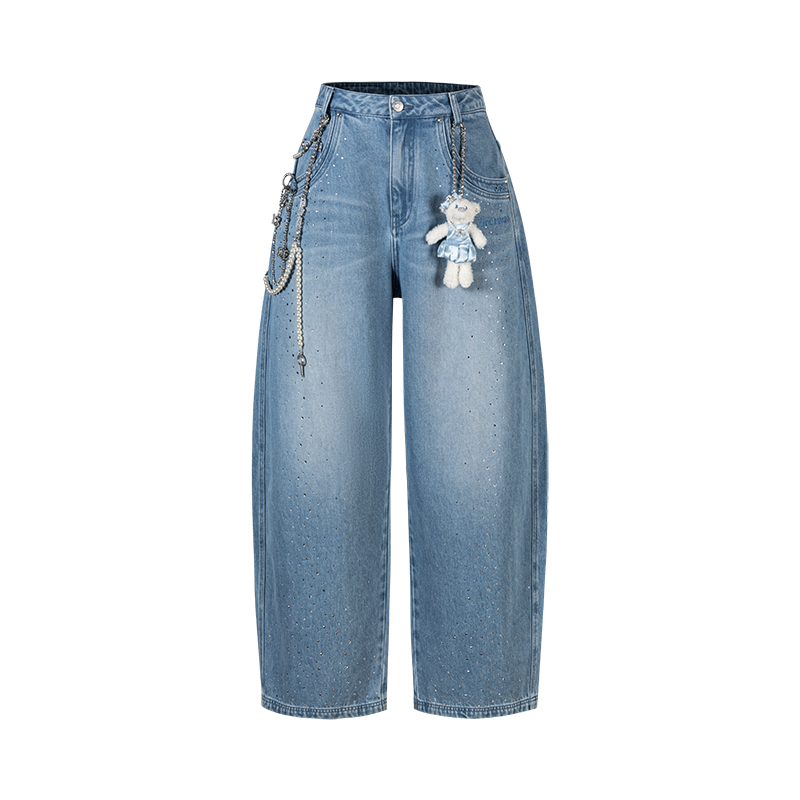 13DE MARZO Faux Rhinestones Pearl Chains Jeans Blue