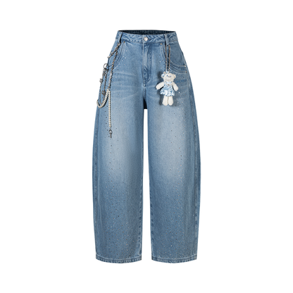 13DE MARZO Faux Rhinestones Pearl Chains Jeans Blue