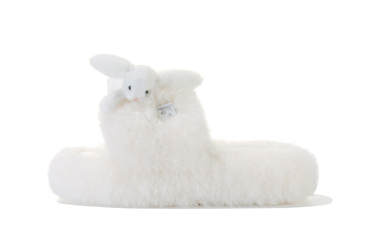 13DE MARZO Furry Single Strap Slippers Beige