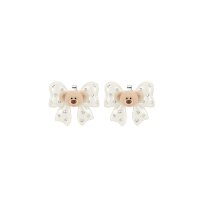 13DE MARZO Mini Bear Bow Studs White