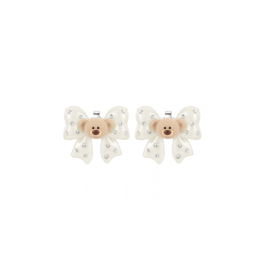 13DE MARZO Mini Bear Bow Studs White