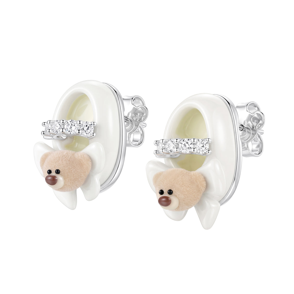 13DE MARZO Shoe Bow Bear Stud Earrings White