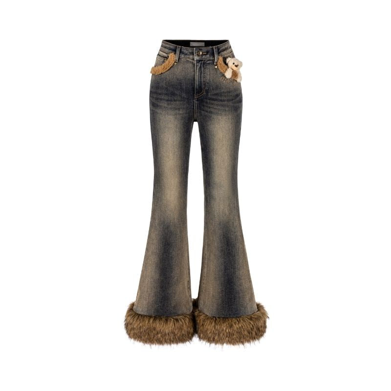 13DE MARZO Bear Vintage Fur Bell Bottom Jeans Navy blue - 13DE MARZO