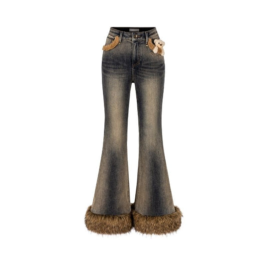 13DE MARZO Bear Vintage Fur Bell Bottom Jeans Navy blue - 13DE MARZO