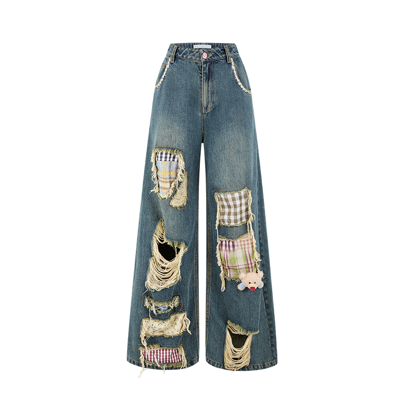 13DE MARZO Ripped Check Wide-Leg Trousers Blue
