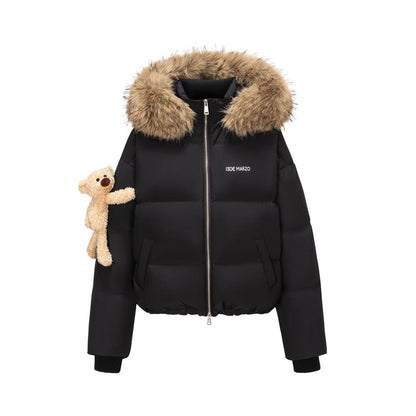 13DE MARZO Bear Fuzzy Hood Down Jacket Black - 13DE MARZO