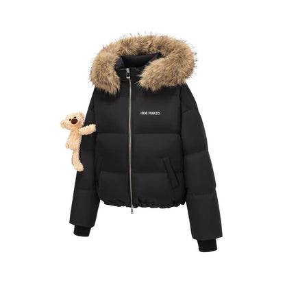 13DE MARZO Bear Fuzzy Hood Down Jacket Black - 13DE MARZO