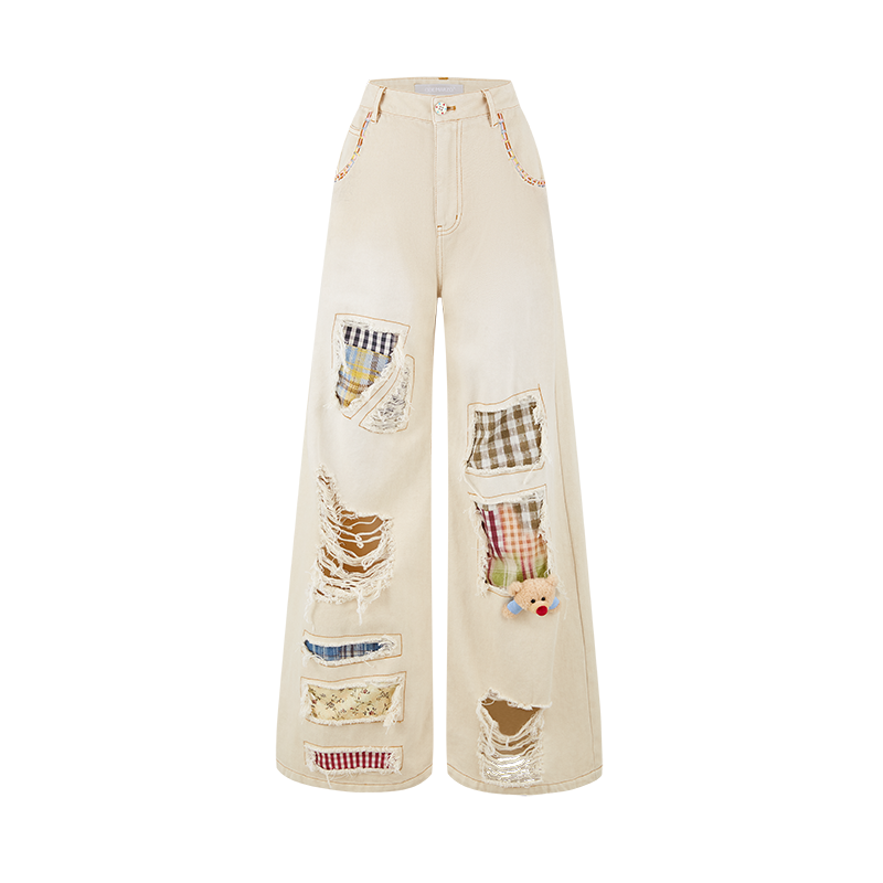 13DE MARZO Ripped Check Wide-Leg Trousers Beige