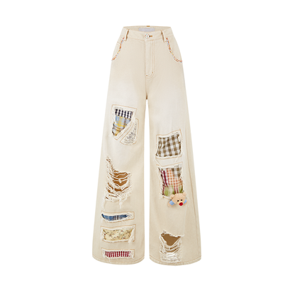 13DE MARZO Ripped Check Wide-Leg Trousers Beige