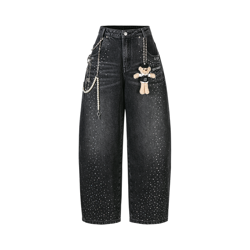 13DE MARZO Faux Rhinestones Pearl Chains Jeans Black