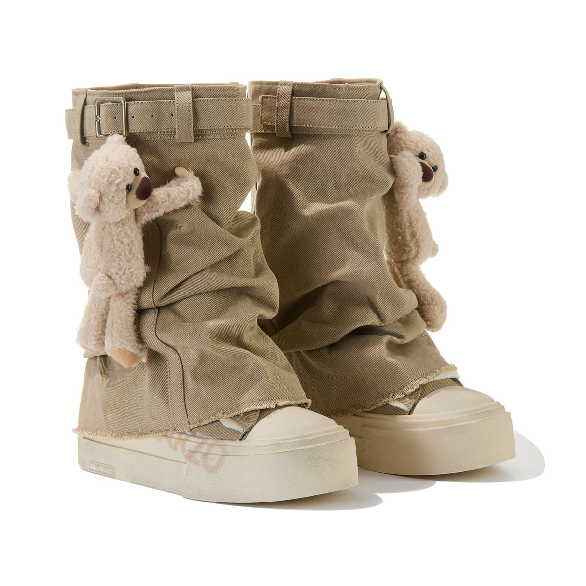 13DE MARZO Detachable Platform Canvas Slouch Boots Khaki