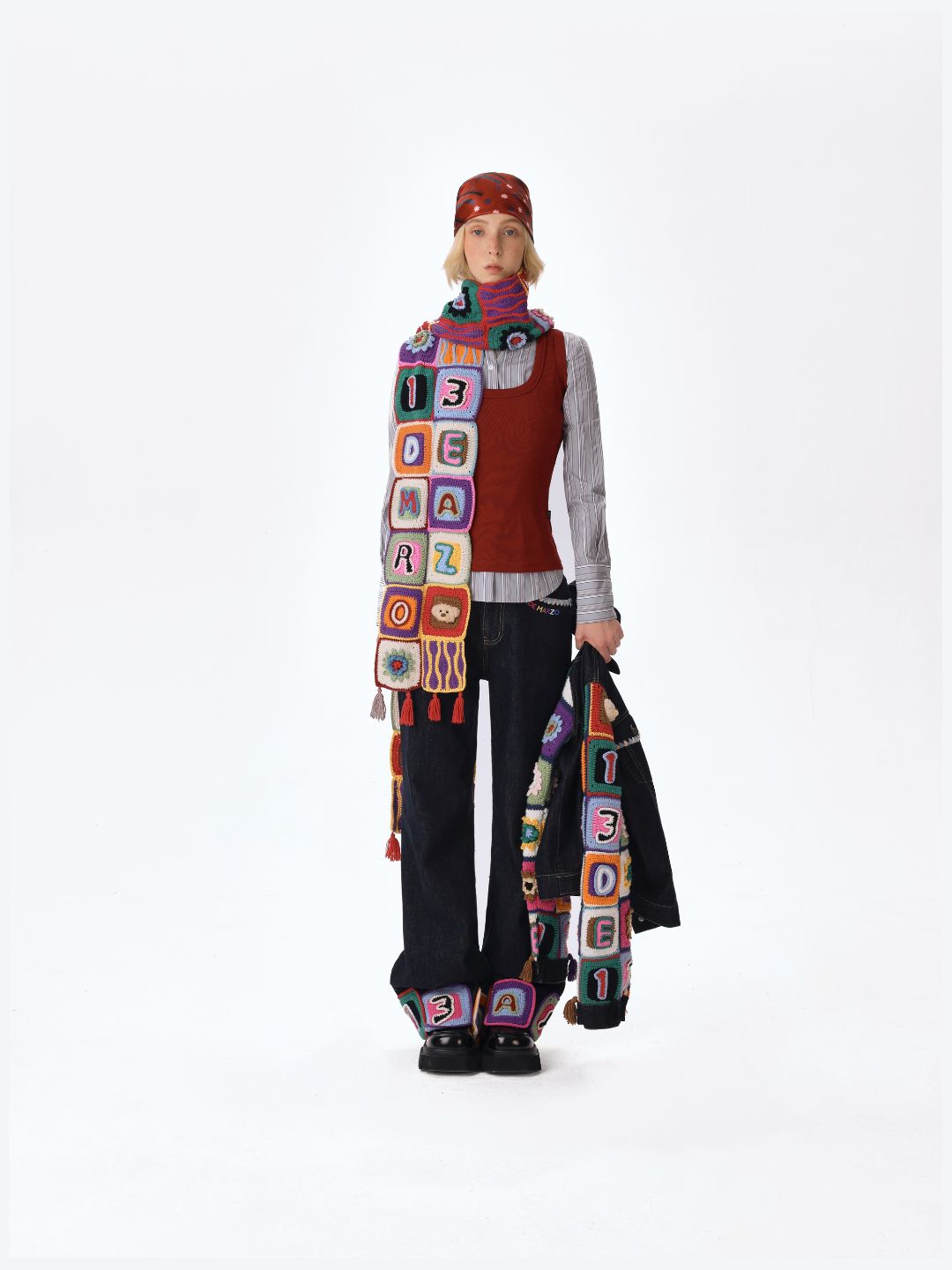 13DE MARZO Plaid Square Patch Scraf - 13DE MARZO