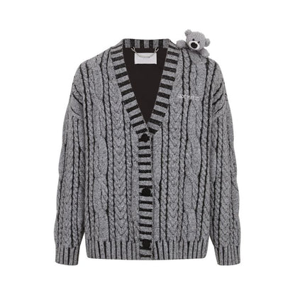 13DE MARZO Bear Yarn Weave Cardigan Dark Grey - 13DE MARZO