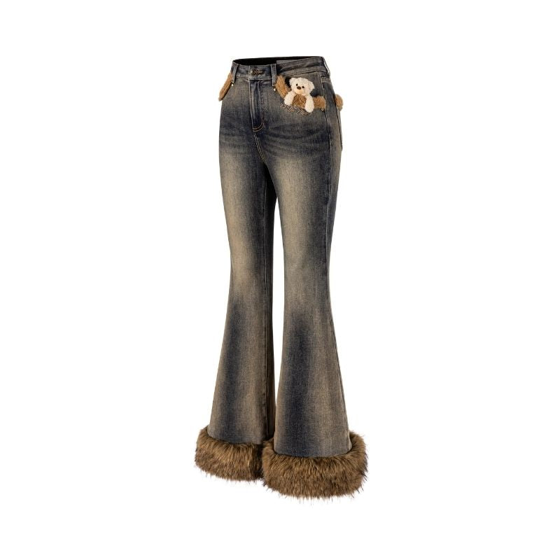13DE MARZO Bear Vintage Fur Bell Bottom Jeans Navy blue - 13DE MARZO