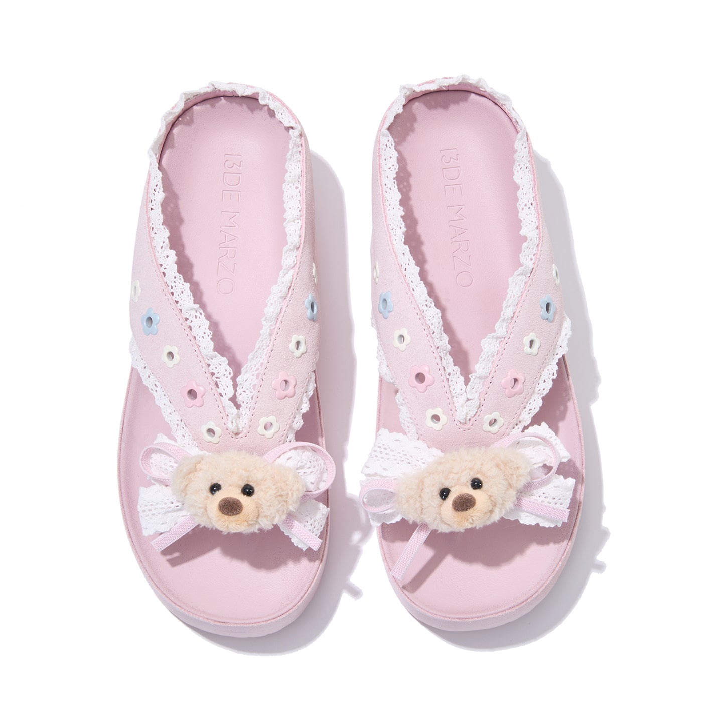 13DE MARZO Mini Bear Lace Trimmed Flip Flops Pink