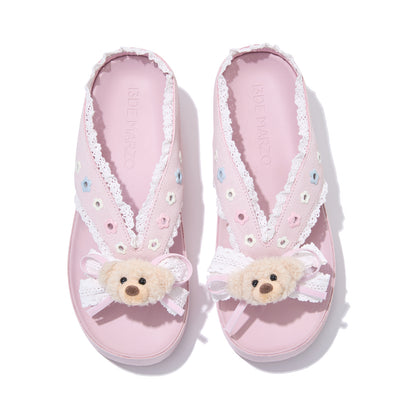 13DE MARZO Mini Bear Lace Trimmed Flip Flops Pink