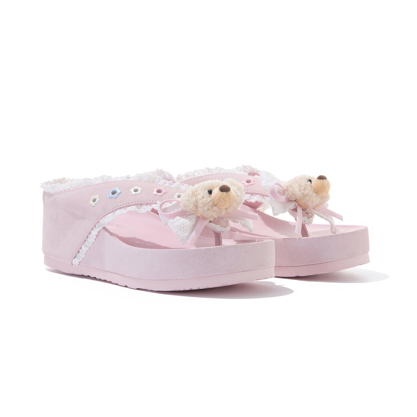 13DE MARZO Mini Bear Lace Trimmed Flip Flops Pink
