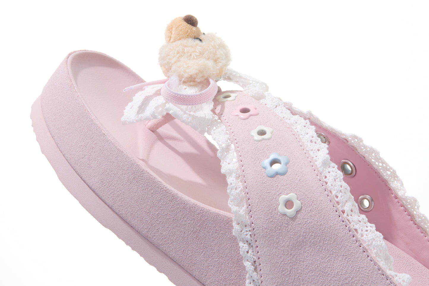 13DE MARZO Mini Bear Lace Trimmed Flip Flops Pink