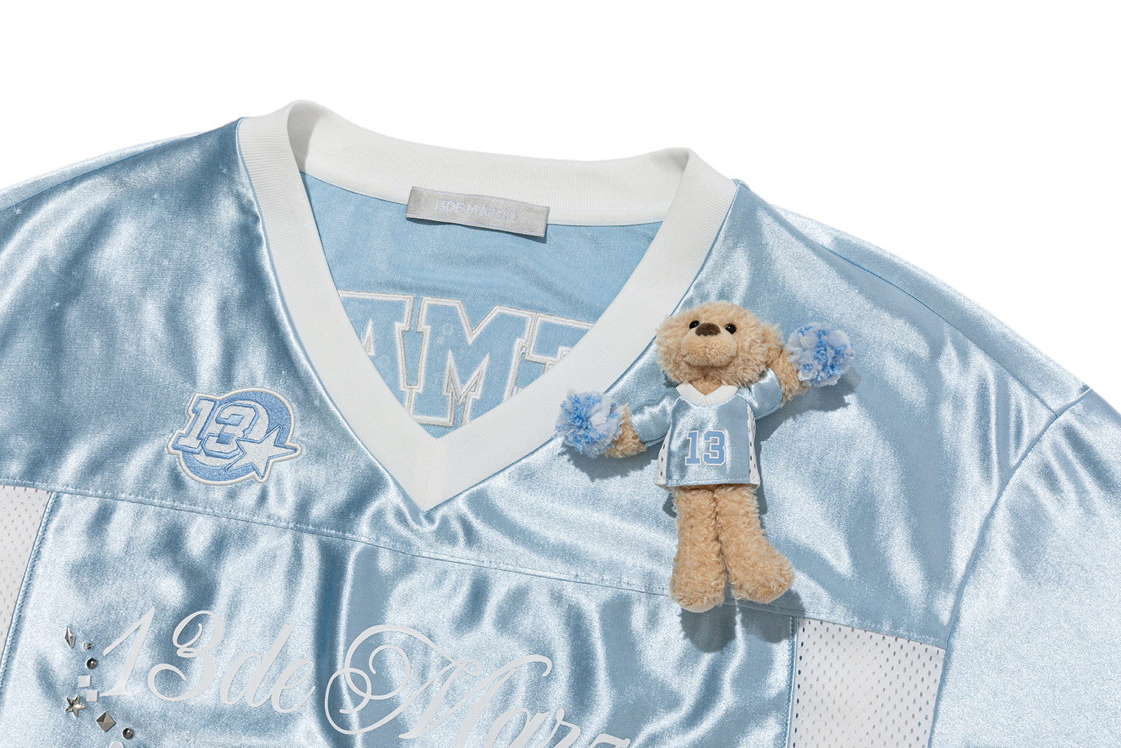 13DE MARZO Bear Cheerleader Satin Jersey T-shirt Blue - 13DE MARZO